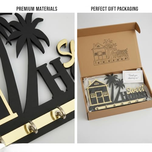 Image of Wooden Key Holder for Wall | Sweet Home Decorative Wall Key Organizer with 7 Stainless Steel Hooks | Premium Home Decor Key Stand for Entrance, Living Room & Office