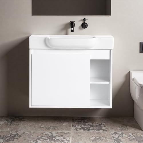 Image of 28 inch Bathroom Vanity with Ceramic Sink, Modern Wall-Mounted Bathroom Vanity with Soft-Close Door & 2 Open Storage Shelves, Farmhouse, Undermount Storage Cabinet, Easy to Clean, Glossy White