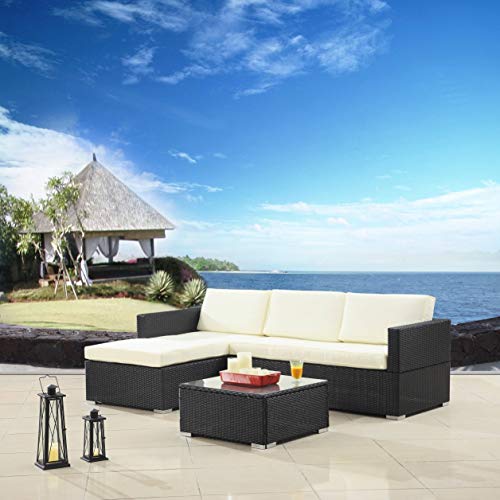 Madison Home Modern Outdoor Garden Sectional Wicker Sofa Set with Coffee Table Beige