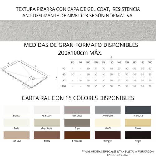 Plato de ducha resina diseño exclusivo GRIS MARFIL Extraplano, incluye válvula con tapa imantada, todas las medidas disponibles. 5 Años de garantía. Textura pizarra antideslizante C-3.Capa de GEL COAT