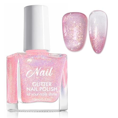 Esmalte de uñas con purpurina, esmalte de uñas rosa no tóxico, a base de agua, secado rápido y duradero, esmalte de uñas brillante de secado rápido, para manicura en casa (pincho)