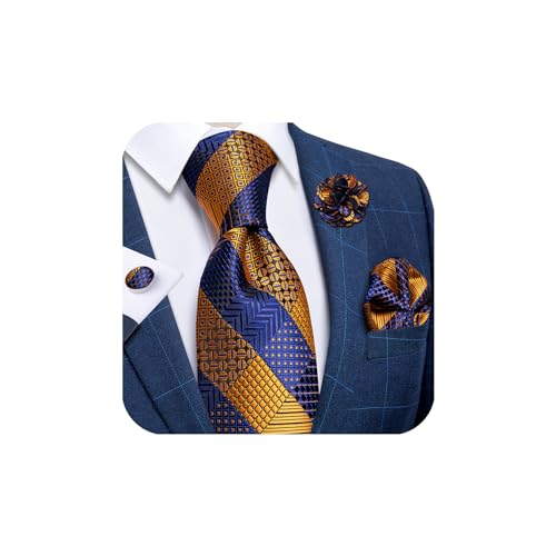 Image of DiBanGu Silk Ties for Men Necktie and Lapel Pin Brooch Set Formal Woven Paisley Plaid Striped Solid Tie Wedding Party