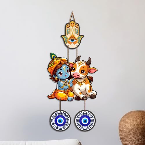 Image of Artvibes Gopal Krishna with Cow Evil Eye Wall Decor for Home Office | Nazar Suraksha Hanging for Entrance Living Room | Bedroom | Temple | Spiritual Good Luck Gift Item (WH 8575N)