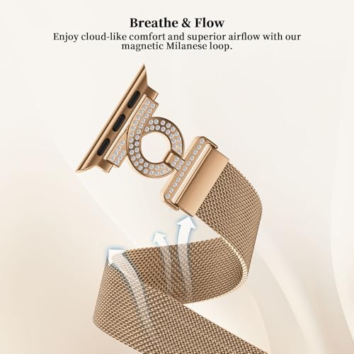 wutwuk Compatible with Apple Watch Straps Women 42(Series 10) 41mm 40mm 38mm Adjustable Magnetic Lock Mesh Stainless Steel Strap with Rhinestones for iWatch SE/11/10/9/8/7/6/5/4/3/2/1-Rose Gold - Image 3