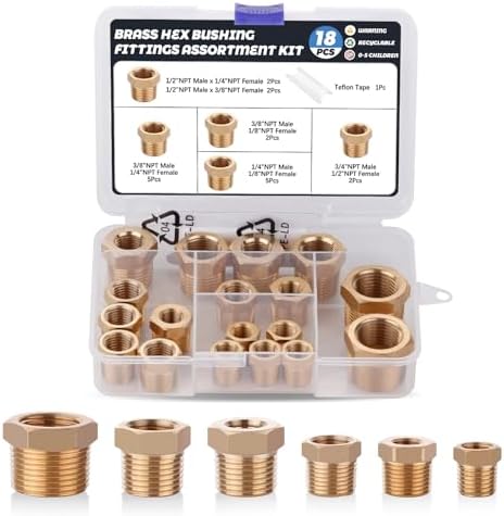 18PCS Brass Hex Bushing Fitting Kit,1/4" - 1/8", 3/8" - 1/8",3/8"...