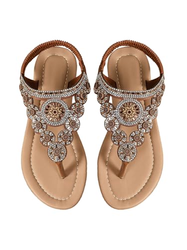 GORGLITTER Women's Rhinestone Boho Summer Western Sandals Glitter Thong Flip Flops Trendy 2025 T-strap Beach Sandals