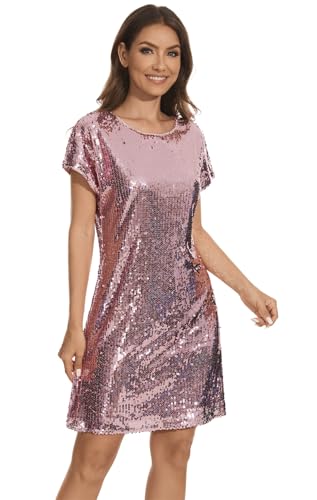 Image of Women's Crewneck Sequin Shift Dress Short Sleeve Casual Holiday Sparkly Party Dress