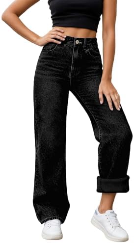 Franterd Fleece Lined Jeans Women Plus Size High Waisted Straight Leg Fashion Winter Wide Leg Pants Trendy Y2k Denim Pants