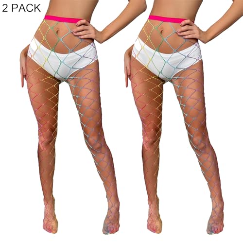 Image of Women's Rainbow Fishnet Hosiery, Neon Sheers, Rainbow Tights, Mesh Stockings - Pride Outfits
