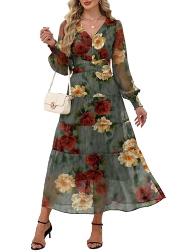 ANRABESS Womens Floral Long Sleeve Maxi Dress V Neck Chiffon Flowy Boho A-Line 2026 Spring Wedding Guest Party Wrap Dresses Red Yellow Rose X-Large