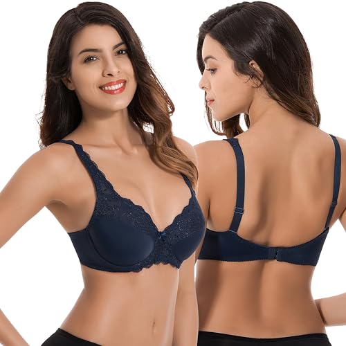 Image of Curve Muse Plus Size Minimizer Underwire Unlined Bra with Embroidery Lace-3Pack-Navy,White,Slate-40D