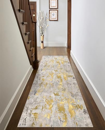 vivorug Runner Rug 2'x8' Machine Washable Non-Slip Runners for Hallways Kitchen Entryway Laundry Room Modern Abstract Carpet Hallway Runner Grey/Mustard