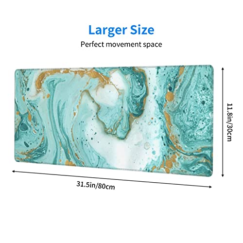 Xl Marble Large Gaming Mouse Pad, Cute Extended Full Desk Mousepad For Keyboard Table With Turquoise And Gold Paint Texture, Big Long Computer Desk Mat Gifts For Women Office Decor, Green 31.5*11.8 In #TOP2