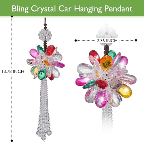 Image of Crystal Flower Ball Car Pendant Lucky Car Mirror Hanging Ornament Crystal Suncatcher Hanging Charm Auto Interior Decoration, Colorful