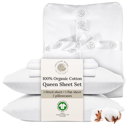 Delilah Home Sustainable Living - 100% Organic Cotton Queen Flat Sheet - 300 Gram TC Flat Bed Sheets - Top Sheet, Fitted Sheet & Pillow Cases, 4 Pieces Set (White)