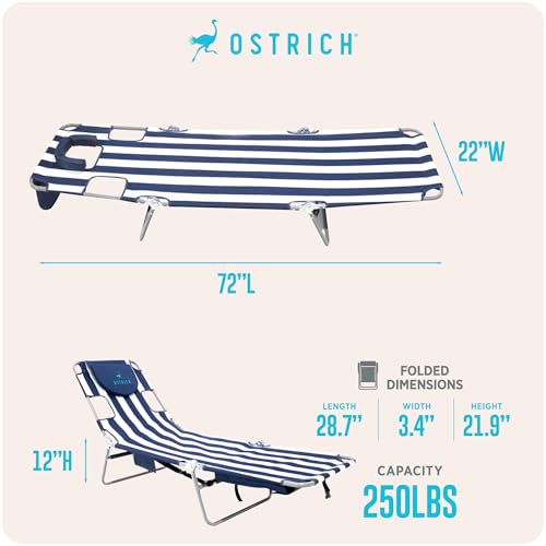 Image of Ostrich the Backpack Chaise Lounge, Folding & Reclining Outdoor Beach Chaise Lounger Chair for Lawn, Pool, Patio, Garden, and Yard, Blue Stripe