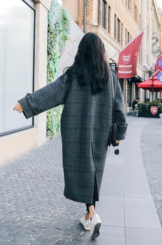 chouyatou Women's Fall Winter Oversized Notched Collar Double Breasted Plaid Wool Blend Long Trench Coat2