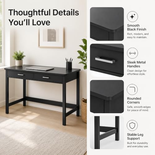 Image of 4NM 39.4 inch Small Desk with Wood Drawers, Home Office Computer Desk with Wooden Legs, Study Writing Table Vanity Desk for Small Spaces - Black