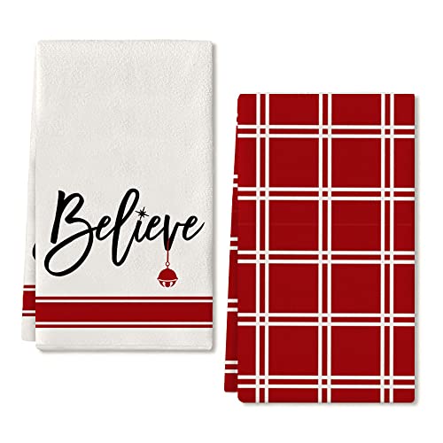 Arkeny Christmas Dish Towels For Christmas Decor Red Buffalo Plaid Kitchen Towels 18X26 Inch Red Washcloths Seasonal Ultra Absorbent Bar Drying Believe Hand Towel For Cooking Set Of 2 #TOP13
