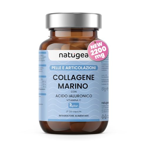 COLLAGENE MARINO® con Acido ialuronico 2200mg + 200mg e Vitamina C | Brevettato: Collagene Marino Idrolizzato Peptan F | Per Pelle, Ossa e Articolazioni. 120 capsule