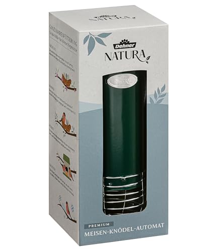 Dehner Natura Premium Wildvogel Meisenknödelautomat, Futterhaus / Futterstation für Wildvögel, Futterstelle wetterfest, inkl. Aufhängevorrichtung, Ø 7.5 cm, Höhe 26.5 cm, Metall, Dunkelgrün
