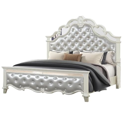 Leather Royal Bed Frame - Upholstery Sleigh Bed with Button Tufted Headboard & Footboard and Mirrored Inlay, Luxury Bed Frame with Sculpted Silhouette Design, Box Spring Required (King)