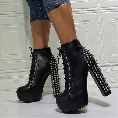 richealnini Front Tie Up Riding Biker Boots for Women with Zipper Studded Rivet Block Heels Platform Ankle Boots2