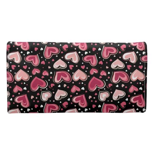 Image of AFPANQZ Love Heart Print Women's PU Leather Three Fold Wallet, Long Trifold Clutch Purse, Credit Card Money Organizer with ID Window