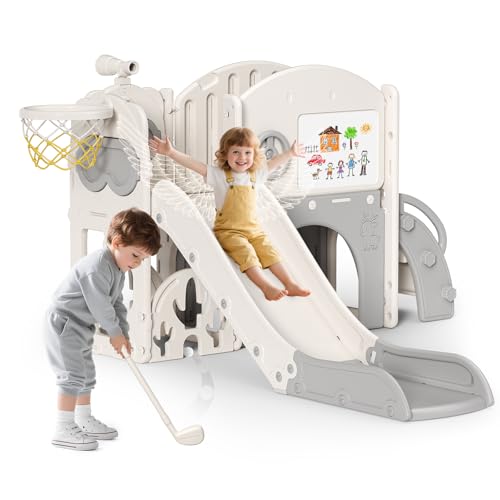 Kinderrutsche, 10-in-1 Kleinkindrutsche mit Weihnachtselchmotiv Kleinkinderrutsche mit Golfset, Babyrutsche, Spielplatzgerät, für den Innen- und Außenbereich freistehend Babyrutsche