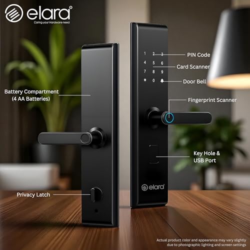 Image of Elara Echo Lite Basic Smart Door Lock - 6-in-1 Access: Fingerprint, Card, PIN, Keys & Non-WiFi, Black (2-Year Warranty)