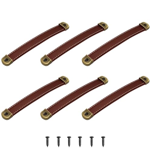AUXBC Box Leather Handles, Wooden Box Handle, Brown Antique Furniture Handles, Vintage Cabinet Door Drawer Pulls, PU Suitcase Pulls Dresser Knobs with Tapping Screws, 5 Inch Hole to Hole, 6pcs