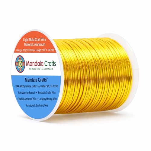 Image of Mandala Crafts 20 Gauge Light Gold Tone Anodized Aluminum Craft Wire 100 FT | Colored, Flexible, Bendable, for Bonsai, Armature, Sculpting, Wire Wrapping, Jewelry Making, Weather & Tarnish Resistant