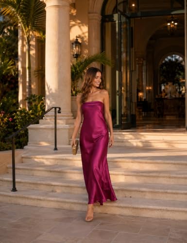 Image of Realtix Summer Satin Strapless Backless Maxi Dress for Women Wedding Guest