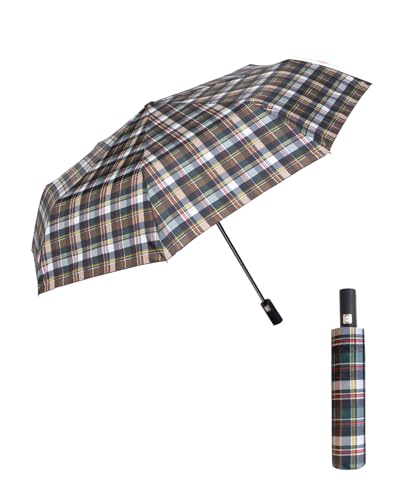 HW CASA Ombrello Pieghevole Antivento Plaid Classico,105 CM Ombrello Grande con 8 Nervature in Lega di Fibra di Vetro,Apertura Chiusura Automatico Ombrello da viaggio portatile,Ombrello Uomo,Marrone