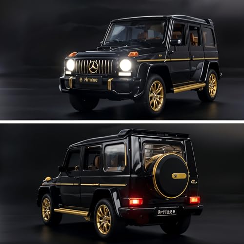 Image of Die-Cast Model Car, 1:32 Scale, Black with Gold Accentsband Hood Pull Back Super Car with Openable Doors Sound and Light for Birthdays Gift Party Decorations (G Wagon 1:24)