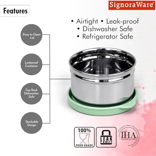 Image of SignoraWare Mini Fresh Stainless Steel Small Container | Airtight & Leakproof | Compact & Travel-Friendly | Easy to Carry | Perfect for Office, School & Home Use (170ml | EGreen)