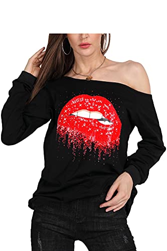 Image of MAGICMK Woman's Sweatershirt Lips Print Causal Blouse Off The Shoulder Long Sleeve Loose Slouchy Pullover Plus Size Tops