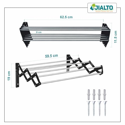 Image of JIALTO Wall Mounted Foldable Clothes Drying Rack Black 62.5 Cm Stainless Steel Expandable Laundry Drying Stand, Heavy Duty Scissor Style Cloth Hanger for Balcony Bathroom Utility Area