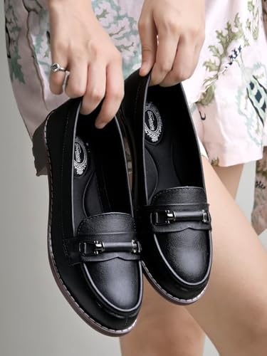 Image of Shoetopia Women's Loafers with Metal Buckle - Comfortable Durable TPR Sole, Stylish Slip-On Casual & Office Everyday Footwear