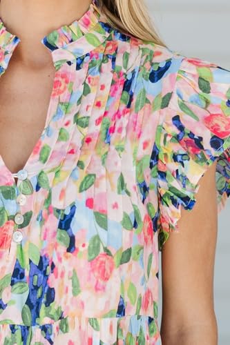 Image of Women Patchwork Dress Y2k Floral Puff Short Sleeve Maxi Dress Summer Boho Smocked Tiered Ruffle Beach Sundress