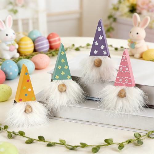DAZONGE Easter Decorations, Easter Gnome Decor, 4PCS Wooden Spring Gnomes with Faux Fur Beards, Cute Gnome Figurines for Tiered Tray Mantel Shelf Table