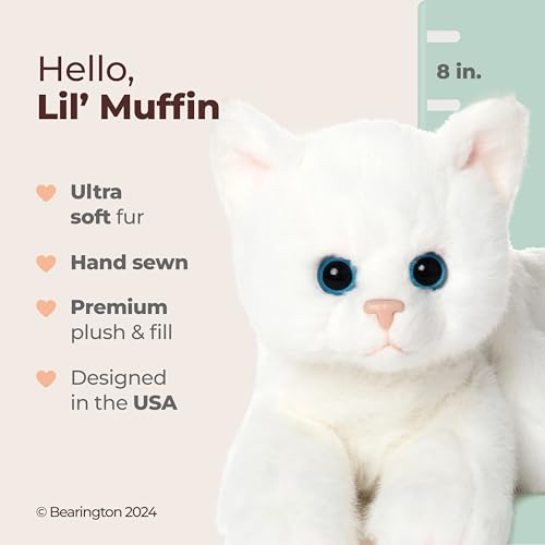 Image of Bearington Lil' Muffin White Cat Stuffed Animal - 8 inch Adorable White Cat Plush Toy with Soft Fur and Lifelike Details - Cute and Cuddly Stuffed Kitten Plushy - Adorable Gift for Kids and Toddlers
