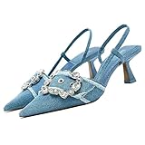 Women's Rhinestone Pointed Toe Denim Kitten Heels,Slip On Slingback Low Heel Mule Pumps Evening Party Wedding Dress Shoes (Blue,7.5)