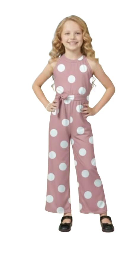 Image of A.T.U.N. (ALL THINGS UBER NICE) Girls Printed Poly Silk Jumpsuit with Tie-Up Belt | Stylish Sleeveless One-Piece Outfit for Kids | Trendy Comfortable Wear for Parties Functions & Photoshoots