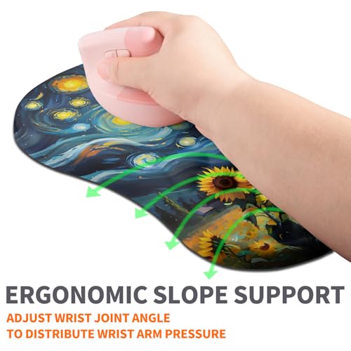 Image of Ergonomic Joint Wrist Support Mouse Pad with Memory Foam Cushion Massage Bump, Carpal Tunnel Pain Relief Mousepad Slope Design for Wrist Rest, 11.8x7.9 in, Sunflower