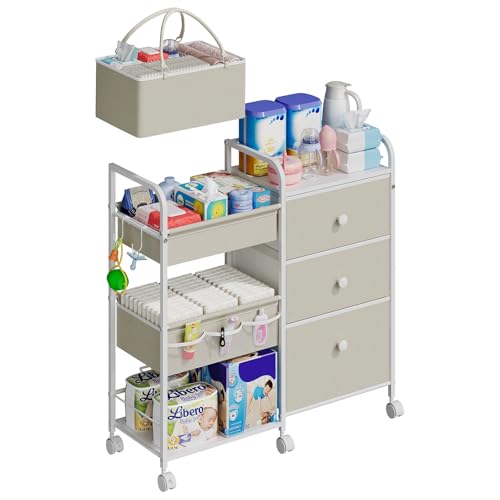 Image of Cidaziya 2In1 Baby Diaper Caddy Organizers and Storage, 3 Tier Rolling Cart with Dividers and Drawers, Mobile Utility Cart Baby Dresser Clothes Organizer for Changing Table, Crib Nursery, Bedroom