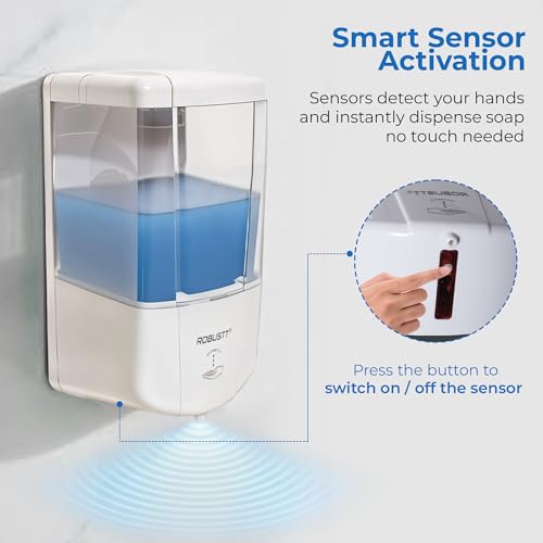 Image of Robustt Automatic Wall Mounted Liquid Soap Dispenser 700 Ml (White, Pack of 1) - with Adhesive Hooks | Easy Installation for Bathroom & Kitchen - Durable ABS Material, Sleek Design