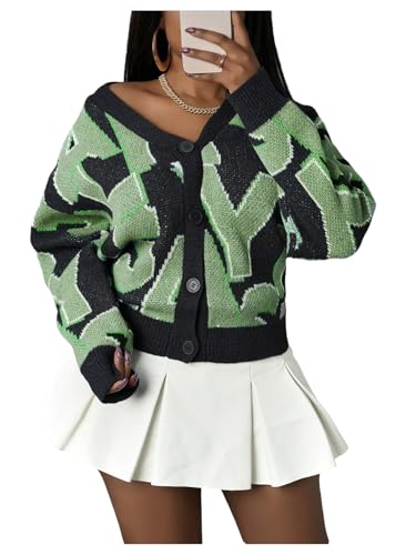 Women's Graphic Cardigan Sweaters Letter Print Button Down Long Sleeve V Neck Knit Outerwear