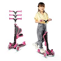 Kids Scooter – Foldable Seat – LED Wheel Lights Illuminate When Rolling – Children and Toddler 3 Wheel Kick Scooter – Adjustable Handlebar – Indoor and Outdoor- Pink - by Lifemaster