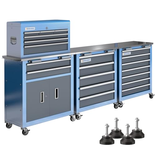 Image of LARBANKE 20 Drawer Rolling Tool Chest Combo,Tool Cabinet with Stainless Countertop, Modular Tool Chest with Locking Drawers and Connection Parts, 360 Swivel Braking Wheels & Padded Feet, Blue